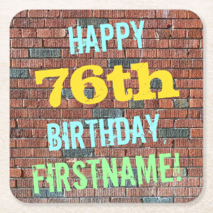 Brick Wall Graffiti Inspired 76th Birthday + Name Square Paper Coaster