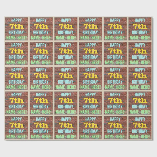 Brick Wall Graffiti Inspired 7th Birthday + Name Wrapping Paper (Flat)