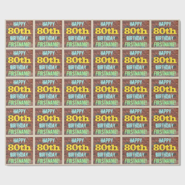 Brick Wall Graffiti Inspired 80th Birthday + Name Wrapping Paper (Flat)