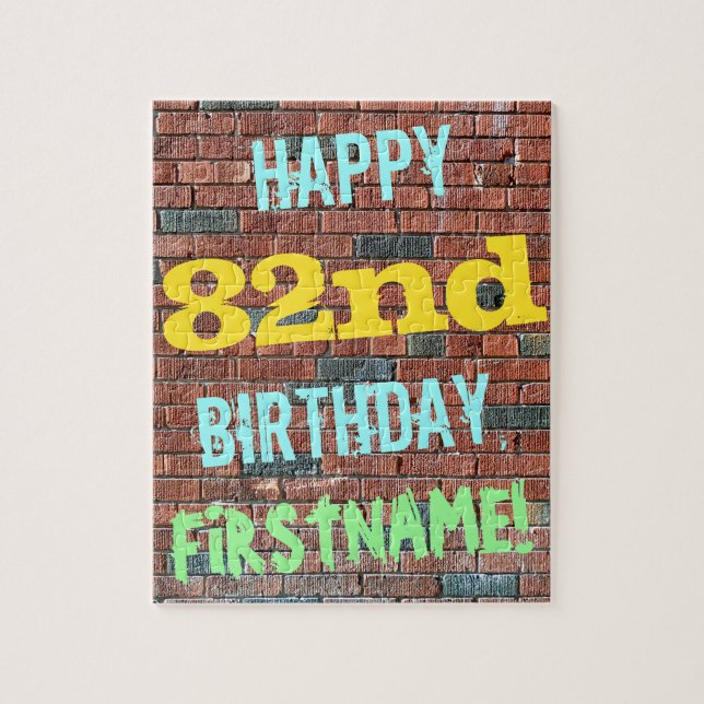 Brick Wall Graffiti Inspired 82nd Birthday + Name Jigsaw Puzzle (Vertical)