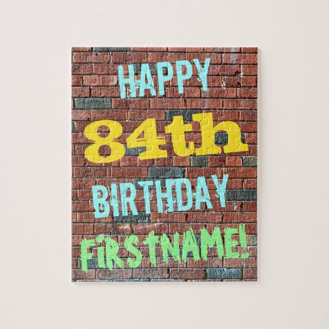 Brick Wall Graffiti Inspired 84th Birthday + Name Jigsaw Puzzle (Vertical)