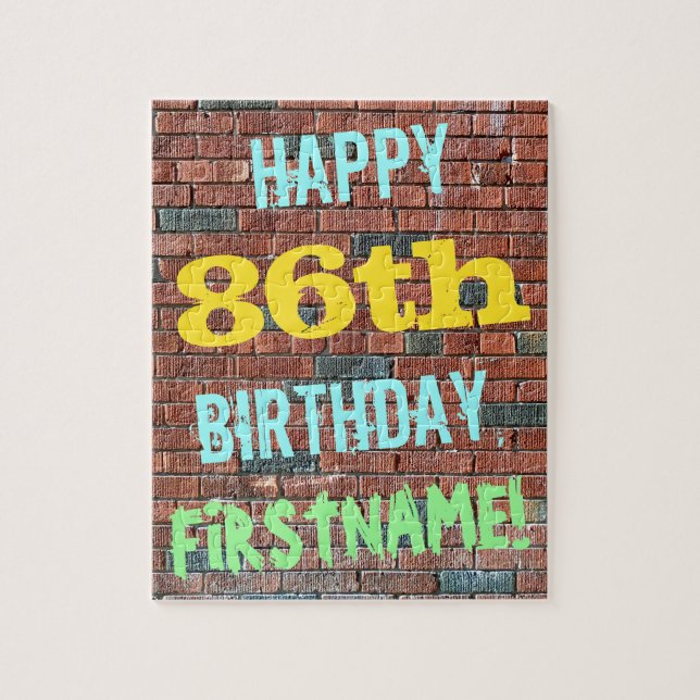 Brick Wall Graffiti Inspired 86th Birthday + Name Jigsaw Puzzle (Vertical)