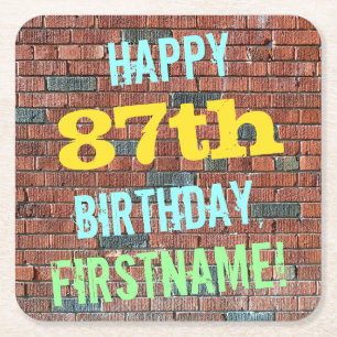 Brick Wall Graffiti Inspired 87th Birthday + Name Square Paper Coaster