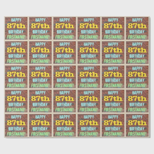 Brick Wall Graffiti Inspired 87th Birthday + Name Wrapping Paper (Flat)
