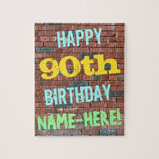 Brick Wall Graffiti Inspired 90th Birthday + Name Jigsaw Puzzle (Vertical)