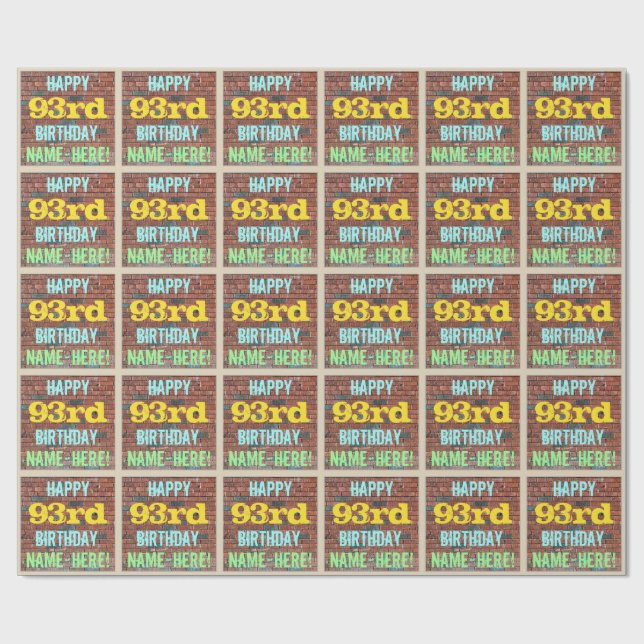 Brick Wall Graffiti Inspired 93rd Birthday + Name Wrapping Paper (Flat)