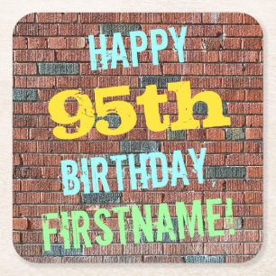 Brick Wall Graffiti Inspired 95th Birthday + Name Square Paper Coaster