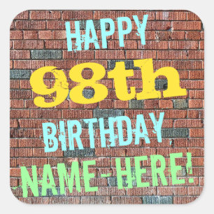 Brick Wall Graffiti Inspired 98th Birthday + Name Square Sticker