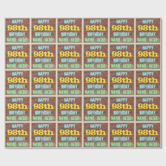 Brick Wall Graffiti Inspired 98th Birthday + Name Wrapping Paper (Flat)