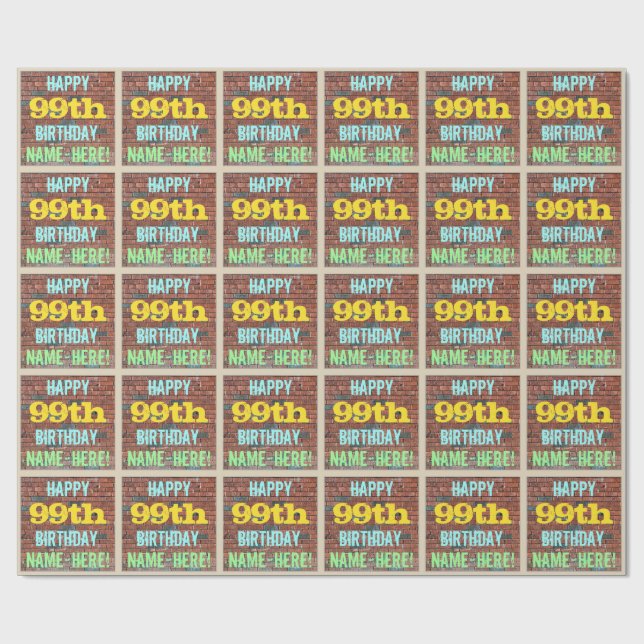 Brick Wall Graffiti Inspired 99th Birthday + Name Wrapping Paper (Flat)