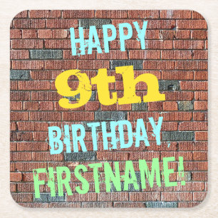 Brick Wall Graffiti Inspired 9th Birthday + Name Square Paper Coaster