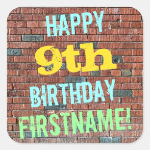 Brick Wall Graffiti Inspired 9th Birthday + Name Square Sticker