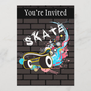 Brick Wall Skate Graffiti Logo With Board Invitation