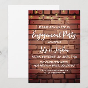 Brick wall string lights backyard engagement party invitation