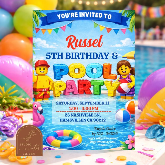 Bricks Colourful Pool Birthday Party Invitation (Creator Uploaded)