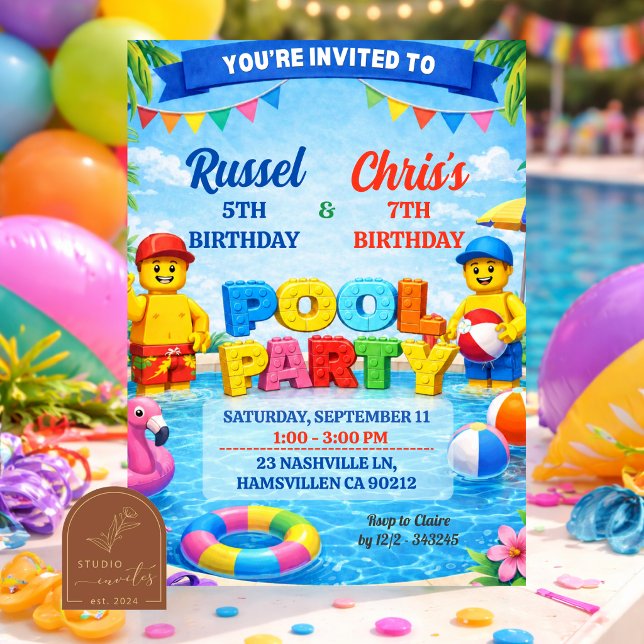 Bricks Colourful Pool Boys Joint Birthday Party Invitation (Creator Uploaded)