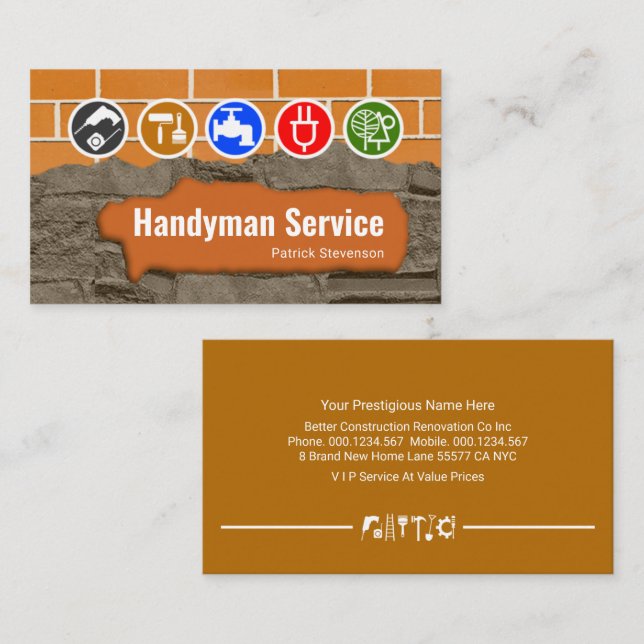 Brickwork Masonry Home Repair Handyman Business Card (Front/Back)