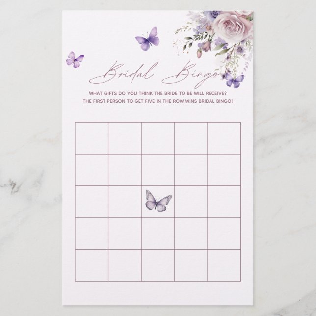 Bridal Bingo Butterfly Purple Bridal Shower Game (Front)