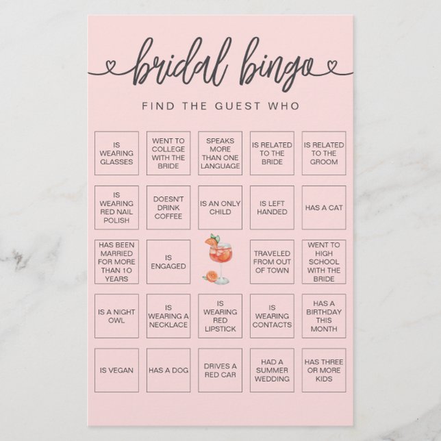  Bridal Bingo Find the Guest Bridal Shower Game (Front)