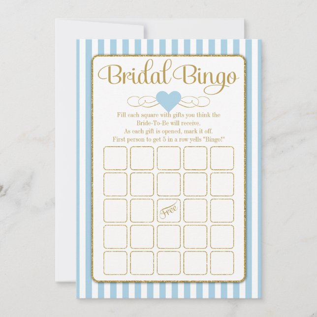 Bridal Bingo Light Blue Gold Bridal Shower Game Invitation (Front)
