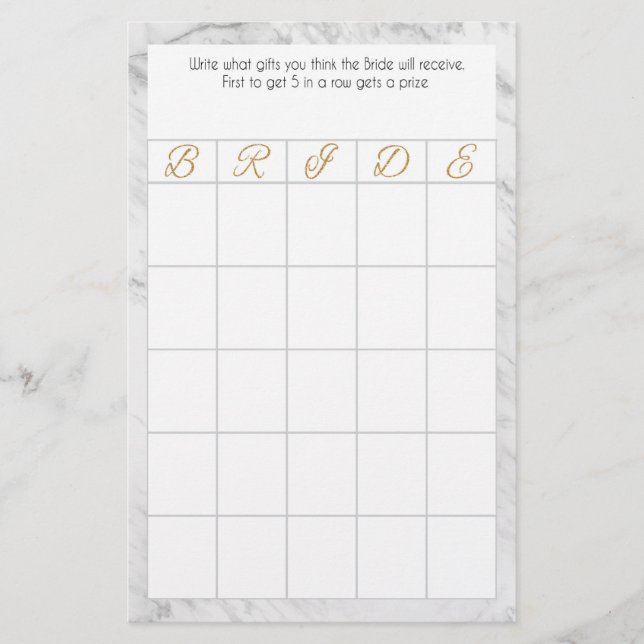 Bridal Bingo Marble and Gold Theme Stationery (Front)
