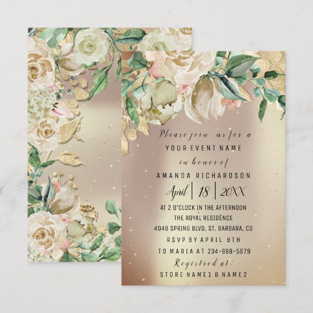 Bridal Birthday Flower Gold Mint Rose Gold Painted Invitation (Front/Back)