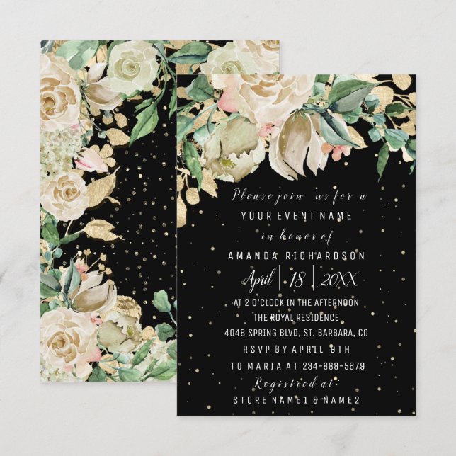 Bridal Birthday Flowers Gold Mint Black Watercolor Invitation (Front/Back)