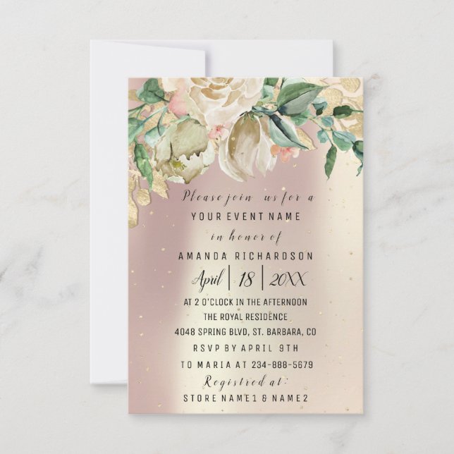 Bridal Birthday Flowers Gold Mint Rose Gold Blush Invitation (Front)