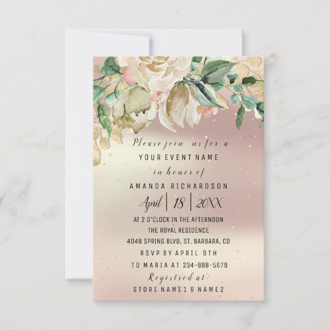Bridal Birthday Flowers Gold Mint Rose Watercolor Invitation (Front)