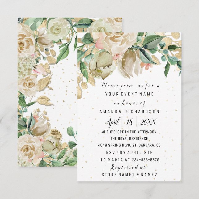 Bridal Birthday Flowers Gold Mint White Watercolor Invitation (Front/Back)