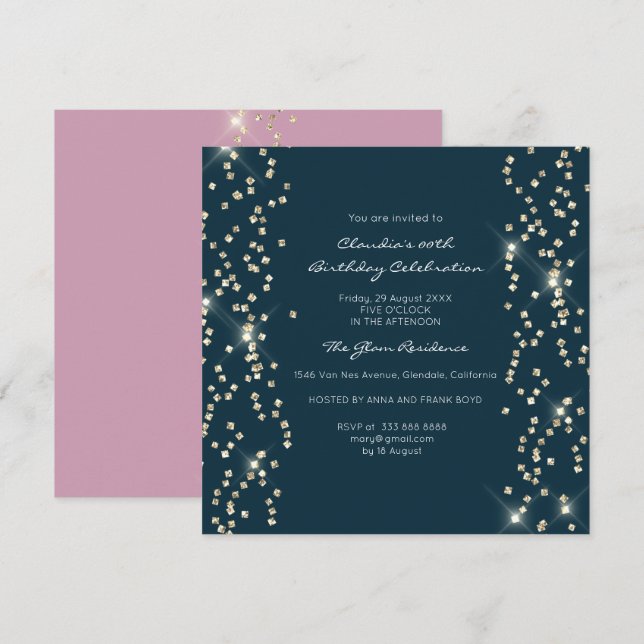 Bridal Birthday Gold Confetti Crystals Blue Pink Invitation (Front/Back)