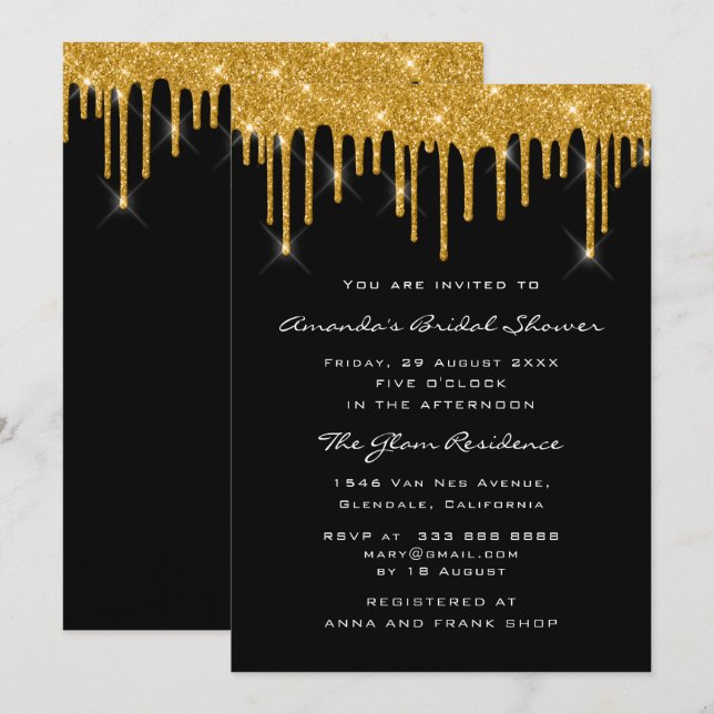 Bridal Birthday Party Gold Black Drips Elegant Invitation (Front/Back)