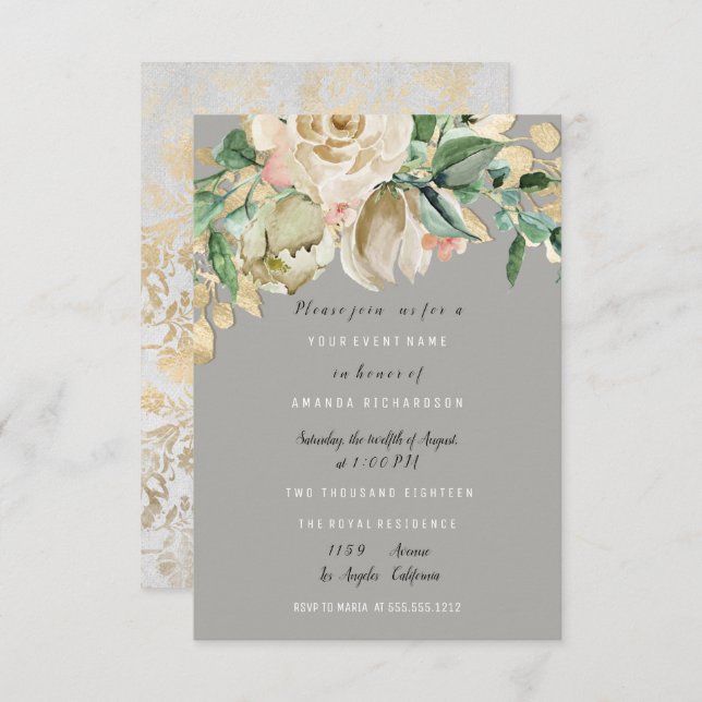 Bridal Birthday Party Rose Paint Floral Gray Grey Invitation (Front/Back)