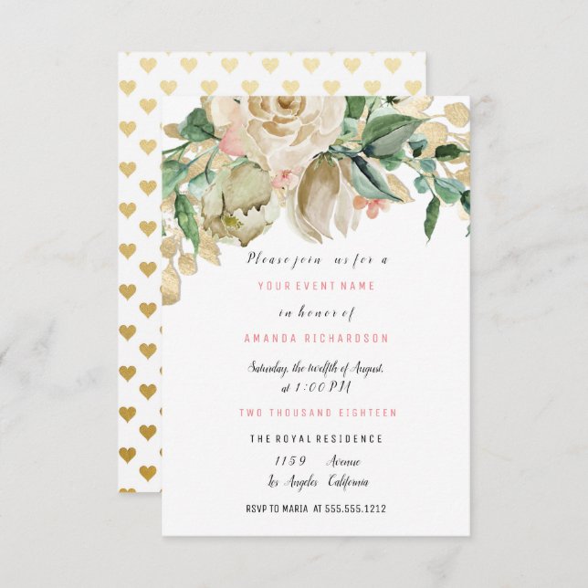 Bridal Birthday Party Rose Paint Floral Hearts Invitation (Front/Back)