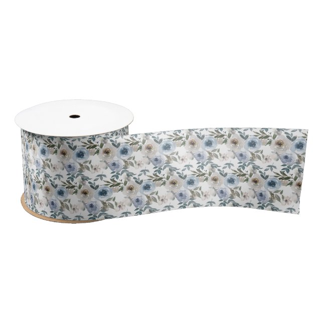 Bridal Blue and White Watercolor Roses  Satin Ribbon (Spool)