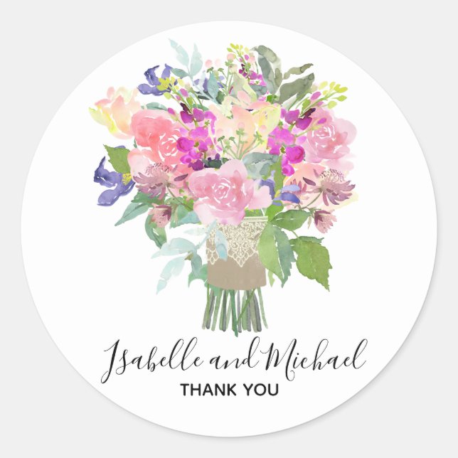 Bridal Bouquet Personalised Wedding Thank You Classic Round Sticker (Front)