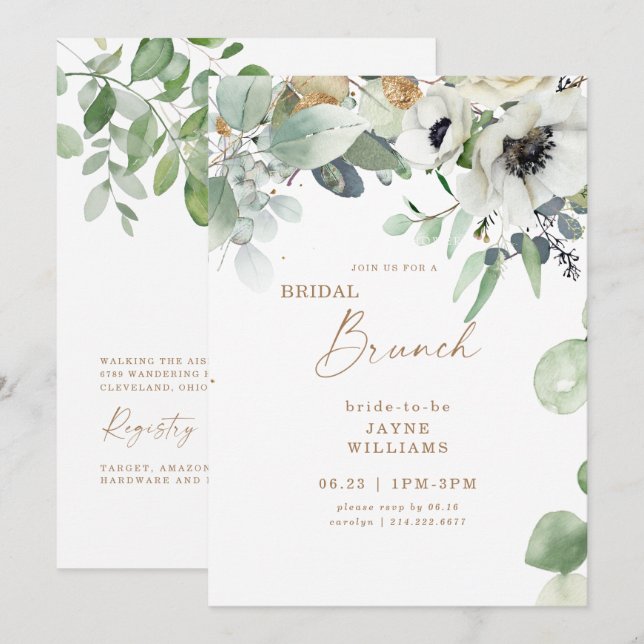 Bridal Brunch Botanical Greenery White Floral  Invitation (Front/Back)