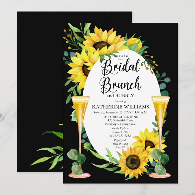 Bridal Brunch Bubbly Sunflowers Eucalyptus Floral Invitation (Front/Back)