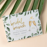 Bridal Brunch Champagne & Eucalyptus Bridal Shower Invitation<br><div class="desc">A classic theme with a modern twist. This design features a frame of hand-painted watercolor greenery, a hand-lettered gold script, and an illustration of two champagne glasses. Your shower details appear in modern sans serif typography with the date in a script font. Cards reverse to a pastel yellow colour. Click...</div>