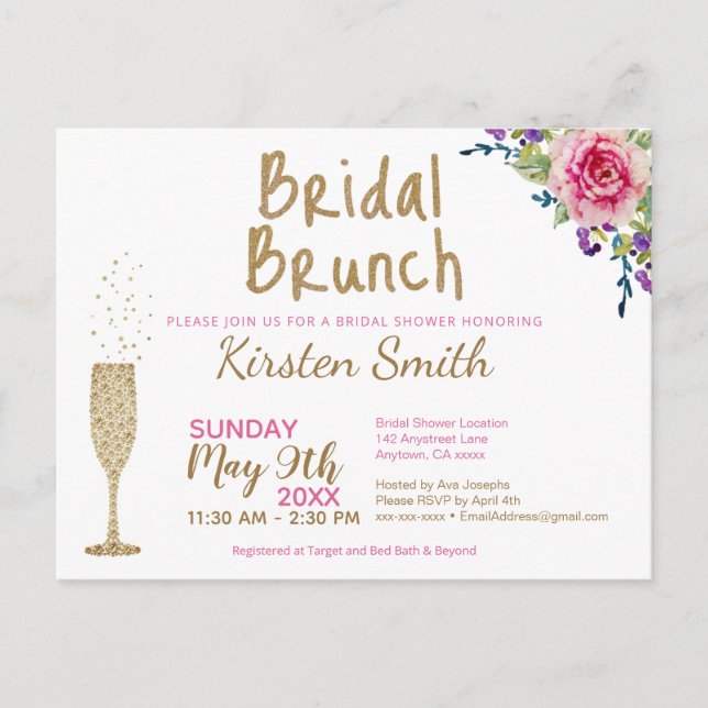 Bridal Brunch Gold Bubbly Bridal Shower Invitation Postcard (Front)