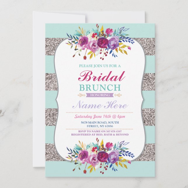 Bridal Brunch Invite Silver Glitter Mint Floral (Front)
