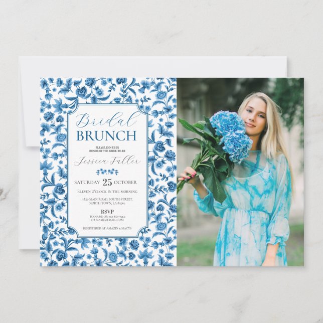 Bridal Brunch Photo Blue & White Floral Ditsy Invitation (Front)