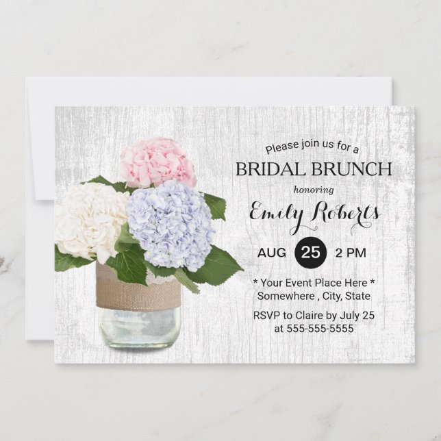 Bridal Brunch Rustic Hydrangea Floral Mason Jar Invitation (Front)