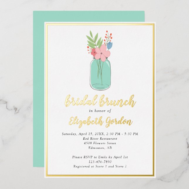 Bridal Brunch Shower Mason Jar Flowers Gold Foil (Front/Back)