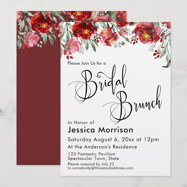 Bridal Brunch Typography Burgundy Red Floral Invitation (Front/Back)