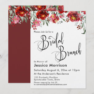 Bridal Brunch Typography Burgundy Red Floral Invitation