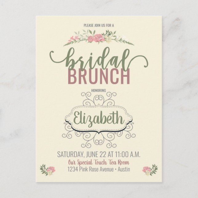 Bridal Brunch Vintage Rose Shower Invitation Postcard (Front)