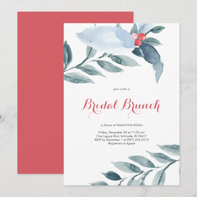 Bridal Brunch Watercolor Red Berries Holiday Party Invitation (Front/Back)