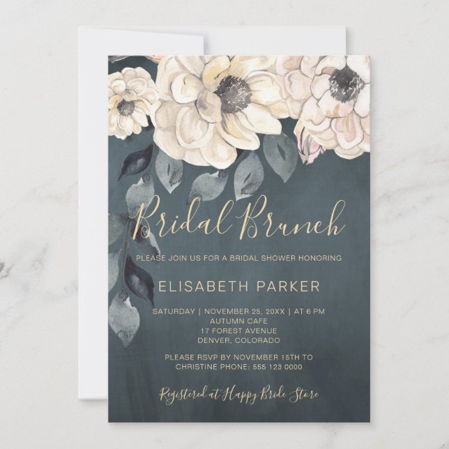 Bridal brunch white flowers script bridal shower invitation (Front)