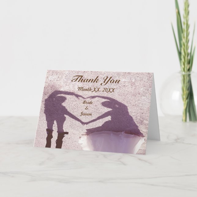 Bridal Couple Silhouette Heart in Sand Wedding Thank You Card (Front)